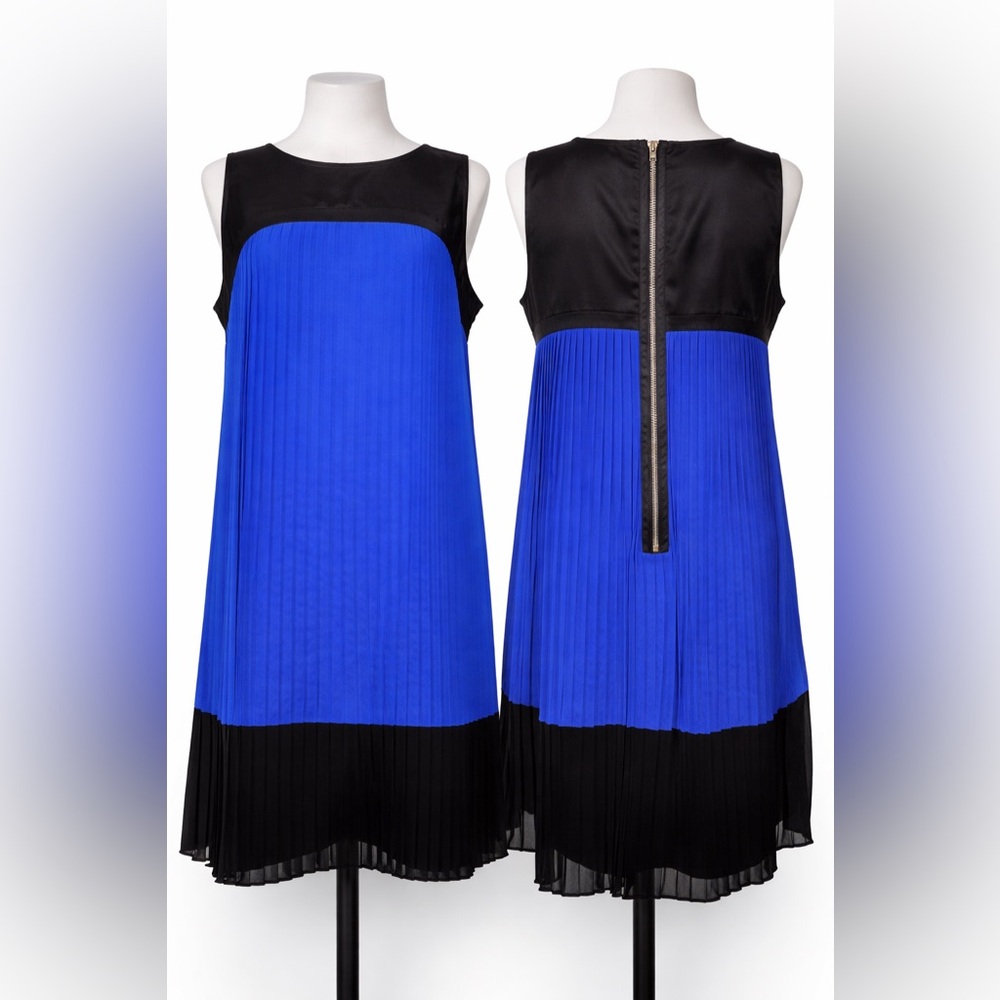 Ali Ro 100% Silk Pleated Shift Mini Dress 6 Blue Black NWT